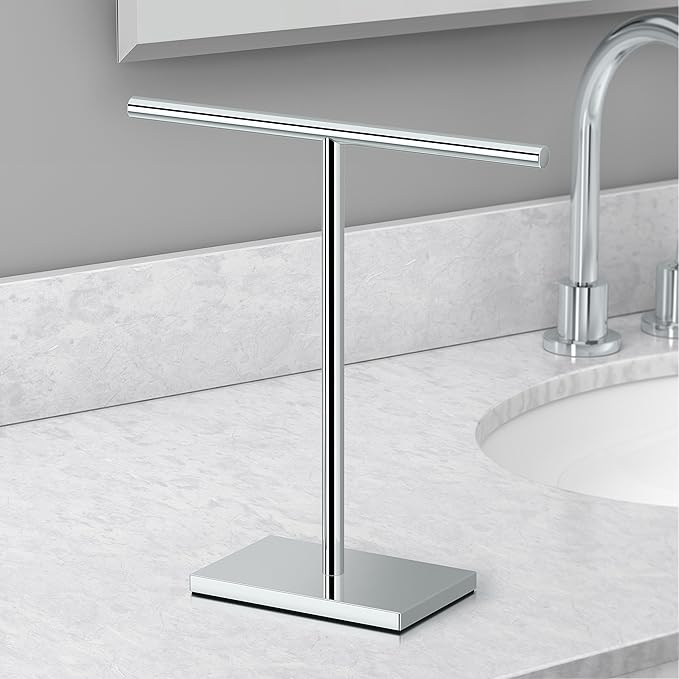 Gatco 1444C, Modern Rectangle Base Freestanding Countertop Towel Holder, Chrome / 10.50"W x 11.13"H T-Shape Style Countertop Hand Towel Holder for Bathroom, Kitchen/ Fingertip Towel Rack