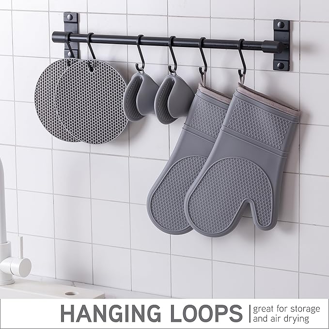 COOK WITH COLOR Silicone Oven Mitts- Heat Resistant Gloves with Soft Quilted Lining Oven Mitt Pot Holders for Cooking and BBQ, Gray, Mitt Set
