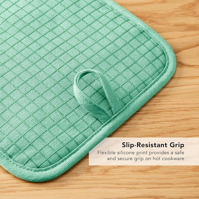 KITCHENAID Gourmet Series Gridlines Pot Holders 2-Pack Set, Heat Resistant up to 600°F, Soft Silicone Grip, Magnetic Cuff, Color of The Year, Spearmint, 8"x8"