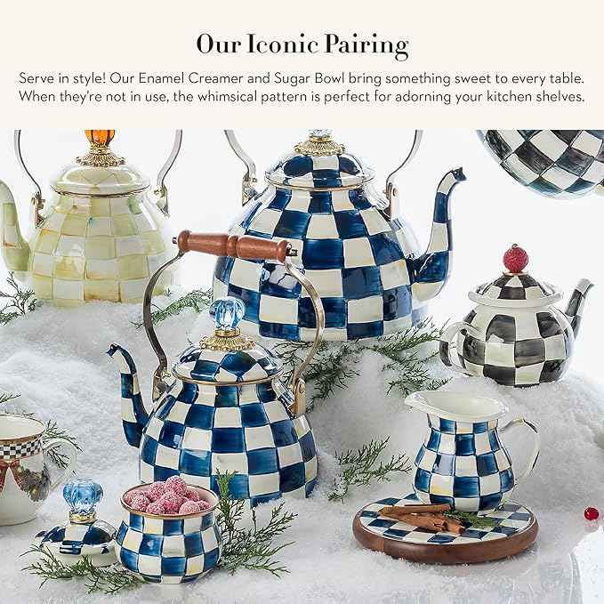 MACKENZIE-CHILDS Enamel Creamer and Sugar-Bowl Set, Cream Dispenser and Sugar Holder, Unique Kitchen Decor, Blue-and-White Royal Check
