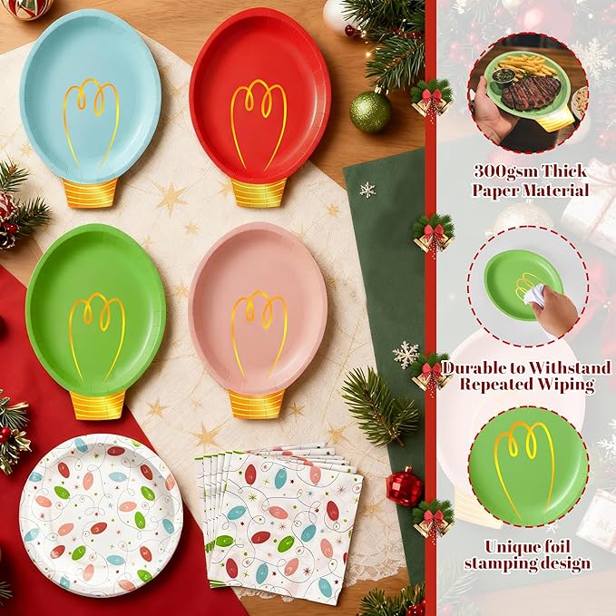 OuMuaMua 150Pcs Christmas Paper Plates and Napkins Set Disposable, Heavy Duty Christmas Light Bulb Design Party Supplies Serve 50, Fancy Disposable Dinnerware Set for Holiday Home Xmas Party Decor