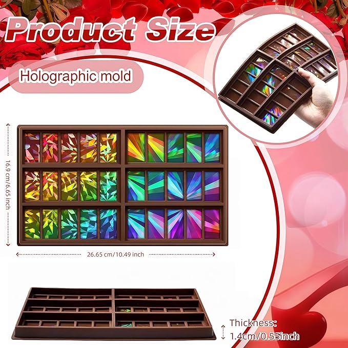 Ziliny Windmill and Diamond Holographic Chocolate Bar Mold Silicone, Rainbow Light Effect Chocolate Bar Deep Thick Molds for DIY Candy Dessert Baking, Candy, Wax Melts, Cake Decoration (Rectangle)