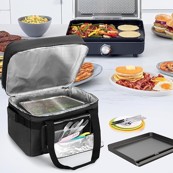 LUXJA Indoor Grill Carrying Bag with Bottom Pad Compatible with Ninja Sizzle GR101 Smokeless Grill, Double Layer Electric Grill Bag with Plates Section (Bag Only), Black
