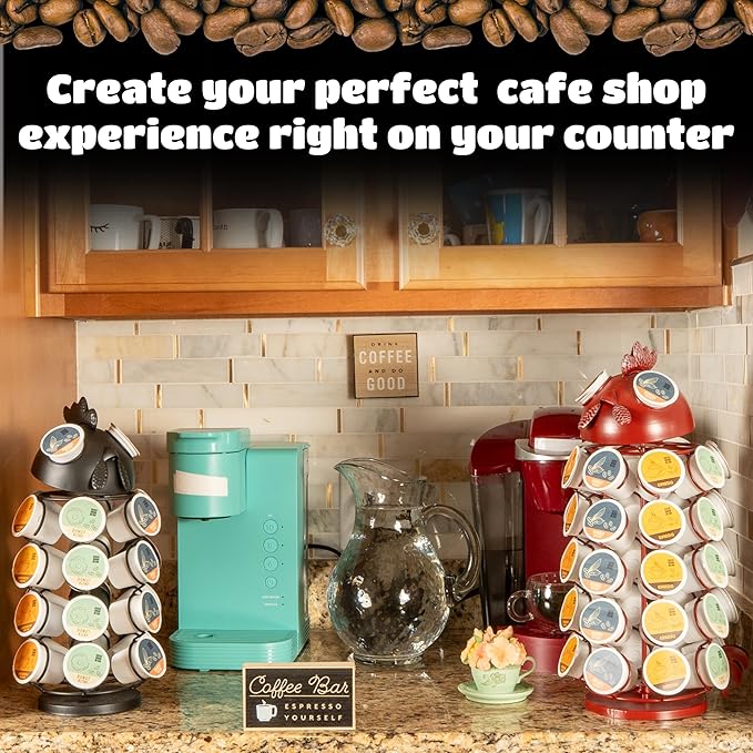 Made Easy Kit Carousel Coffee Pod Holder - Compatible with Keurig K-Pods K-Cups - Countertop 360 Spin Rack Storage Organizer - Revolving Base - Capsule Café Station Bar (Rooster Black, Small)