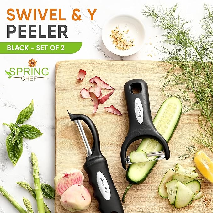 Spring Chef Swivel Vegetable Peeler & Y Peeler with Sharp Stainless Steel Blades & Professional XL Cheese Box Grater - 3 Product Bundle - Black