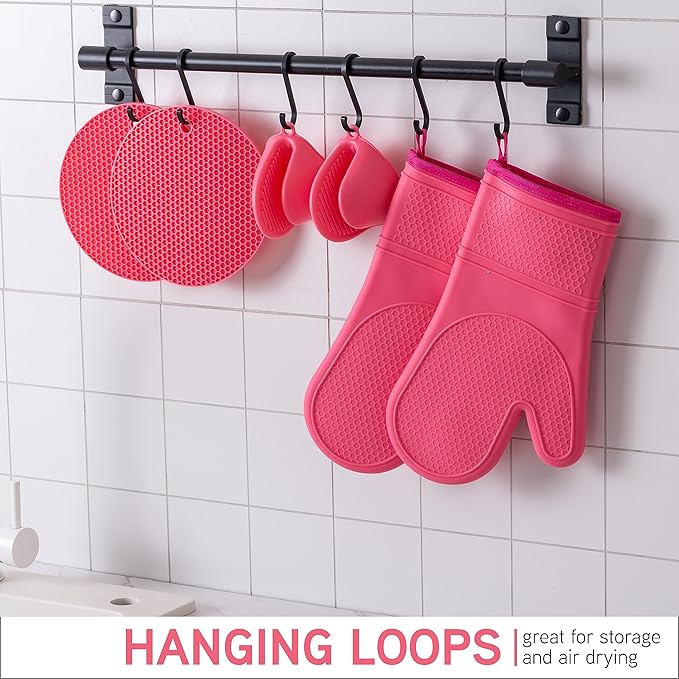 COOK WITH COLOR Silicone Oven Mitts- Heat Resistant Gloves with Soft Quilted Lining Oven Mitt Pot Holders for Cooking and BBQ, Pink, Mitt Set