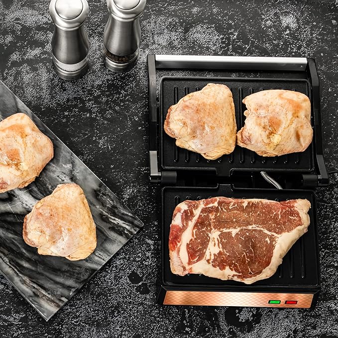 OVENTE Electric Panini Press Sandwich Maker with Non-Stick Coated Plates, Opens 180 Degrees to Fit Any Type or Size of Food, 1000W Indoor Grill Perfect for Quesadillas, Burgers & More, Copper GP0620CO