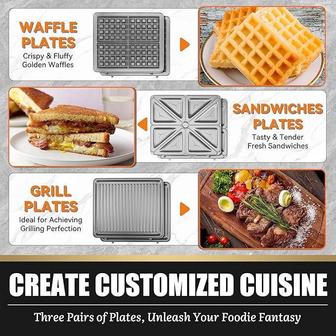 FineMade Belgian Waffle Maker with Removable Plates, Waflera Electrica, Large Waffle Iron, 3 in 1 Panini Grill Press Breakfast Sandwich Maker, Electric Griddle, Grilled Cheese Maker, Breakfast Station