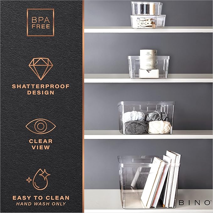 BINO Plastic Storage Containers, Small - 4 Pack THE LUCID COLLECTION, Multi-Use Organizer Bins Built-In Handles BPA-Free Clear, Fridge, Pantry & Home Organization