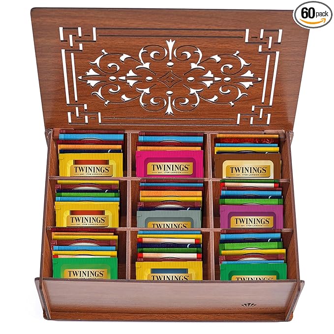 Twinings Tea Bag Sampler Variety with Brown Wooden Organizer (60 Tea Bags) 40 Different Flavors, Gift for Tea Lovers: Women, Men, Mom, Dad, Family, Friends, Couples