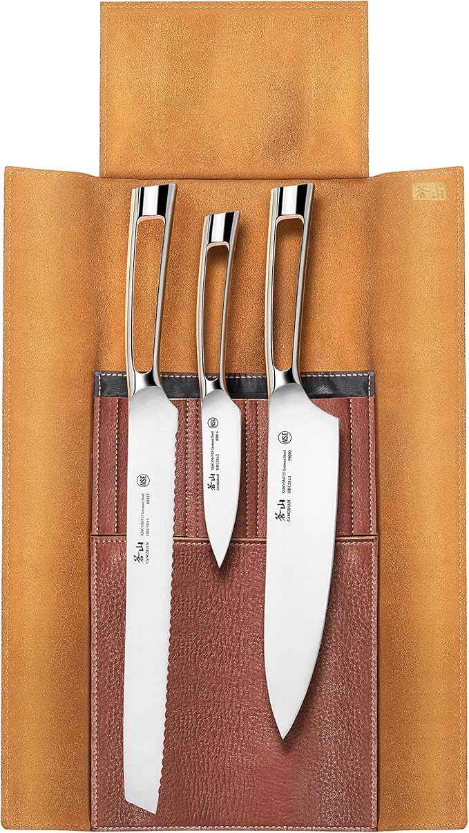 Cangshan N1 Series 4 Piece Leather Roll Knife Set, Silver