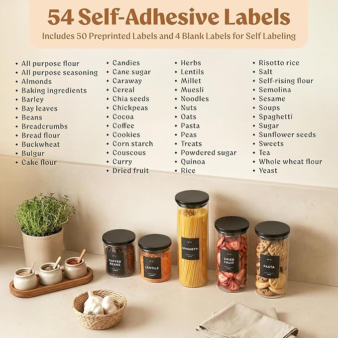 EDELHAUS Glass Storage Containers with Black Lids [Extra Thick Glas] with 54 Labels - Canister For Pantry Noodles Flour Cereal Rice Sugar Tea Coffee Beans - Round Set of 5x