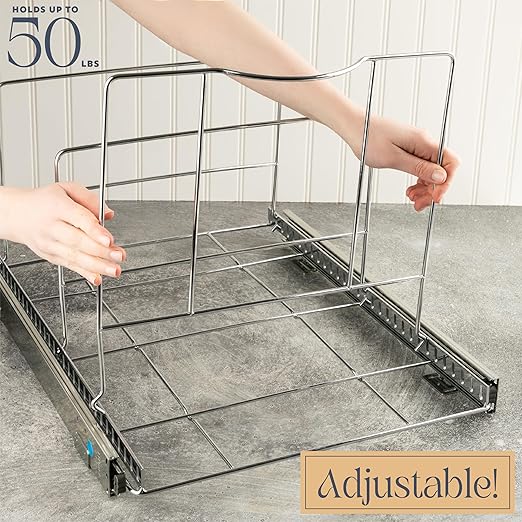 HOLDN’ STORAGE Pull Out Double Trash Can Under Cabinet - Two 7 Gallon Trash Can Included, Adjustable, Heavy Duty with Lifetime Limited Warranty 17¾” Wide Cabinet Opening - Anti Rust Chrome Finish