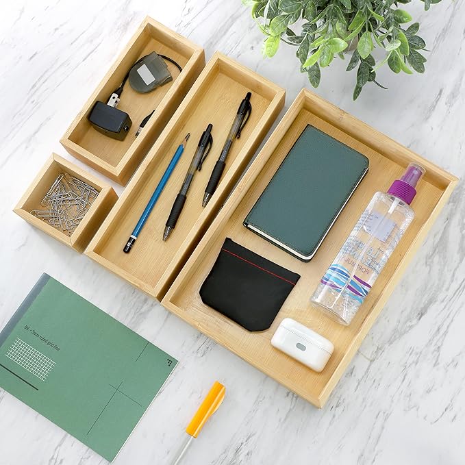 Elama 4 Piece Bamboo Wood Drawer Organizer Tray, Utensil Storage, Desk Drawer Storage (4 Piece Trays)