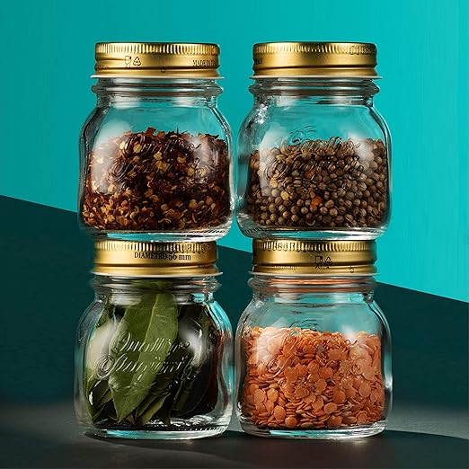 Bormioli Rocco Quattro Stagioni Small Glass Mason Jars 5 Ounce Mini Jars (6-Pack) with Metal Airtight Lid, For Jam, Jelly, baby food, Crafts, Spices, Dry Food Storage, Wedding favors, Decorating Jar