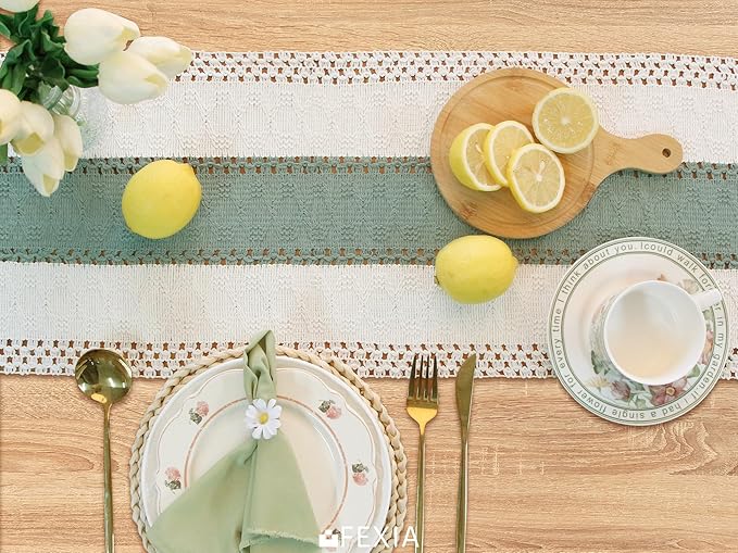 FEXIA Sage Green Table Runner 72 Inches Long with Tassels Boho for Easter Home Decor Rustic Macrame Farmhouse Table Cover for Srping Party Bohemian Bridal Shower Dining Decorations(12x72 Inches)