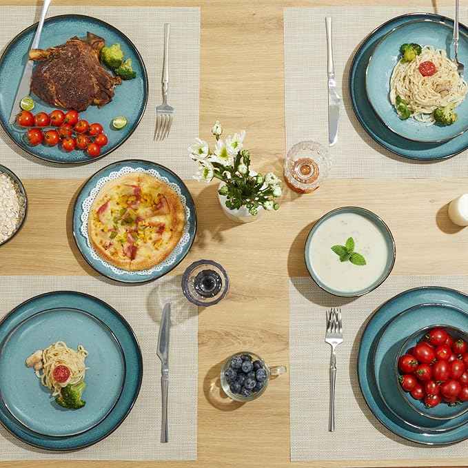 24 Piece Stoneware Dinnerware Set for 8, Reactive Glaze Plates and Bowls Sets | Designed for Holiday Dinners, Thanksgiving, Party Hosting | Durable Irregular Coastal Design, Green Black