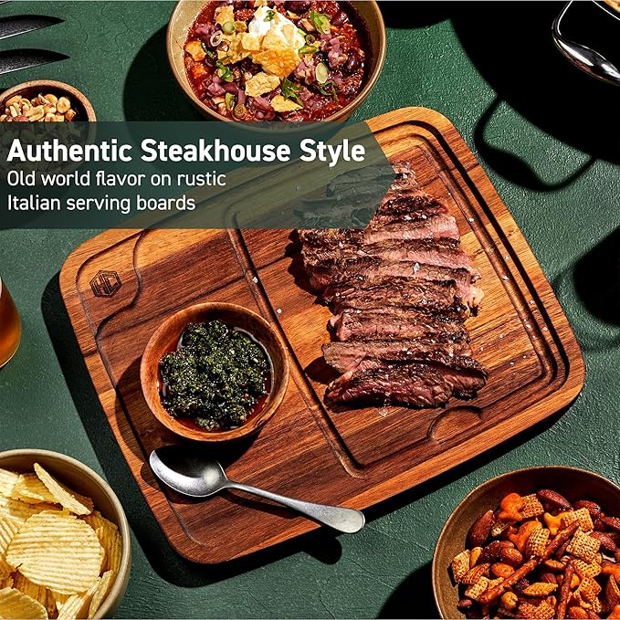 HexClad 4-Piece Bistecca Wooden Steak Plate Set with Juice Channel for Meats, Stackable Design with Straight Edges and Completely Flat Base, Easy to Clean, Lightweight and Durable