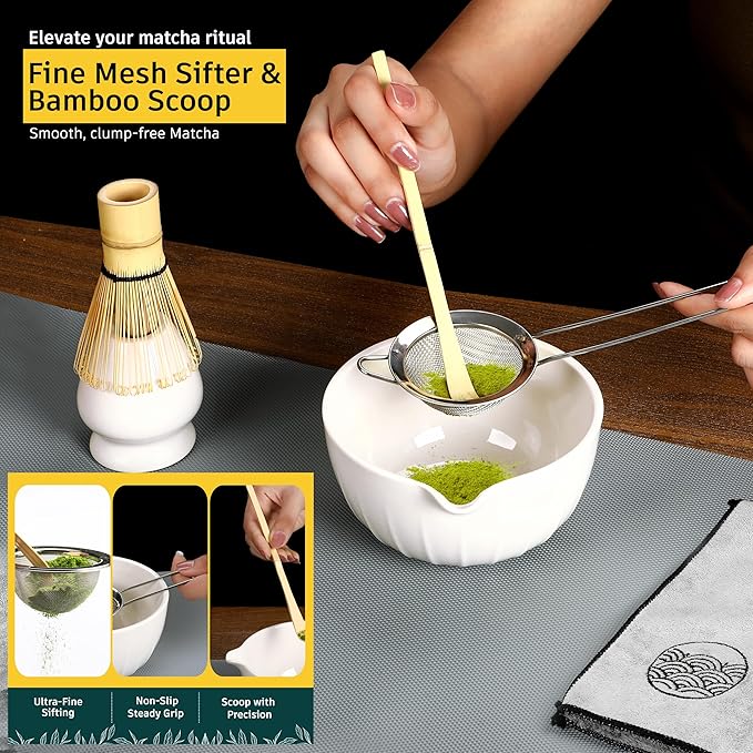 6 Pcs Matcha Whisk Set | Matcha kit with White Bowl, Bamboo Whisk, Scoop, Sifter, Holder for whisk & Cleaning Cloth, Traditional Matcha Set in Magnetic Gift Box