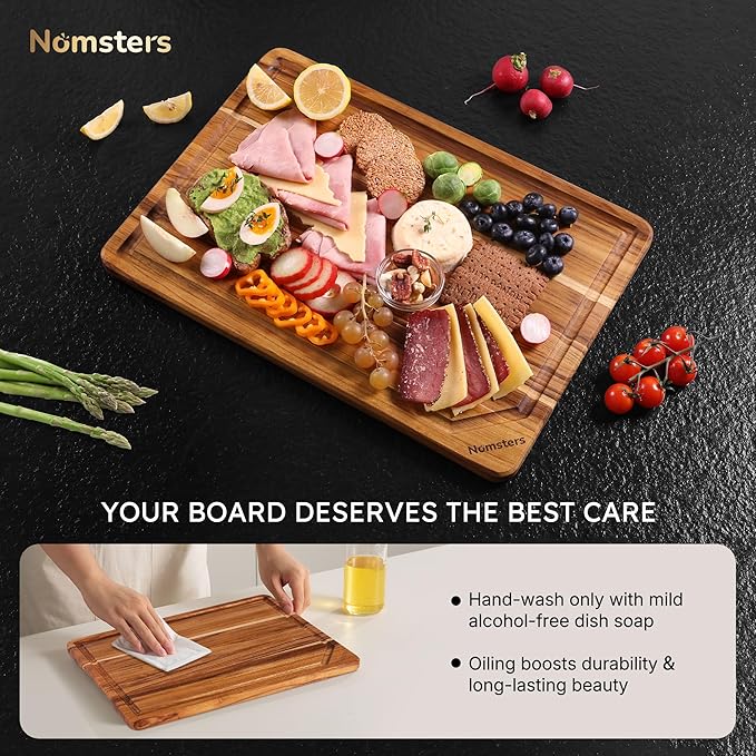 15'' Teak Wood Cutting Board for Kitchen Non Slip Over Sink Charcuterie Board Serving Heavy Duty Non Toxic Wooden Chopping Board Thick Haus Organic Edge Grain Wood Long-Lasting Use