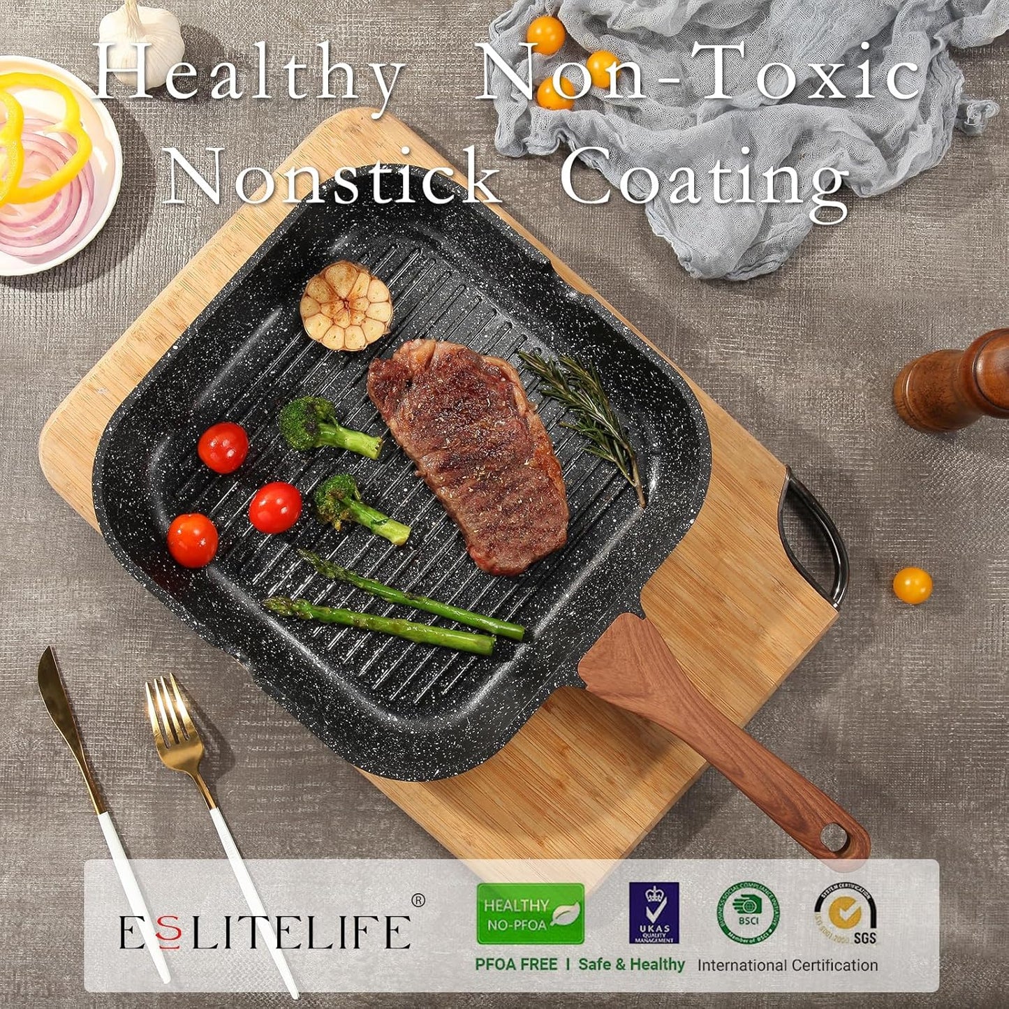 ESLITE LIFE 9.5 Inch Nonstick Grill Pan for Indoor Cooking, Versatile Induction Square Large Grilling Skillet Steak Pan for Stove Tops, PTFE & PFOA Free, Black