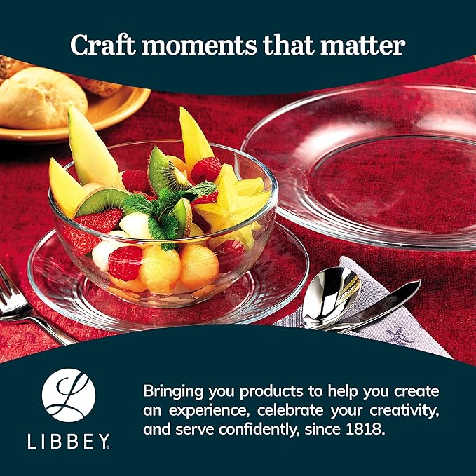 Libbey Round 12 Piece Glass Dinnerware Set, Stackable Glass Plate and Bowl Set w/Round Shape, Modern Plates and Bowls Sets for Gatherings, and Everyday Use