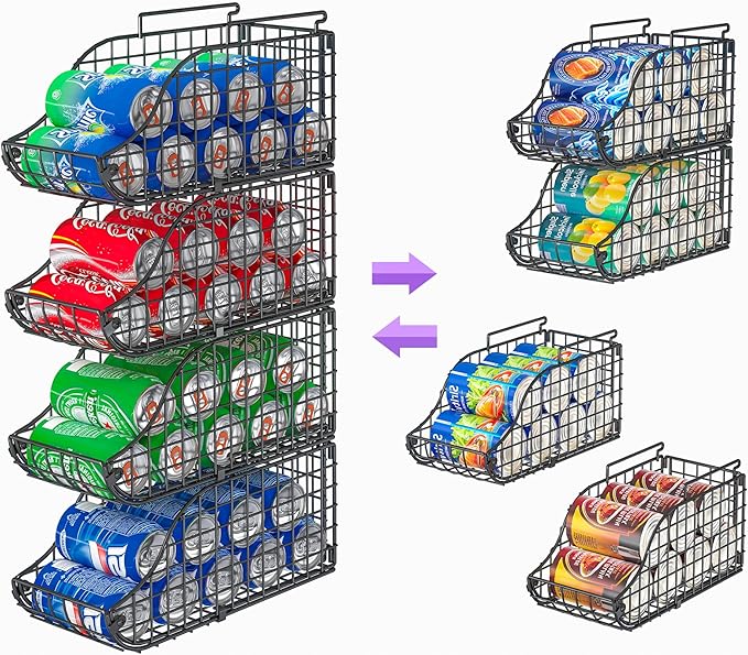 Sonyabecca 4-Pack Stackable Canned Food Organizer with Handles for Kitchen, Soda Can Organizer for Pantry Shelves, Wire Cabinet Shelf for Can Storage, Foldable Soda Dispenser, Patent Pending, Black