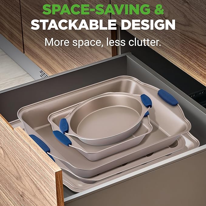 NutriChef 8-Piece Nonstick Bakeware Set - Heavy Duty Carbon Steel Baking Pans w/ Blue Silicone Handles - Pizza Crisper, Muffin & Loaf Pan, Round & Square Pans, Cookie Sheet - Champagne Gold