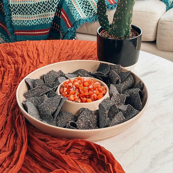 Mora Ceramic Chips and Dip Serving Tray: Large Divided Party Bowl Set for Chips & Salsa, Veggies & Dip, Fruit, Snacks, Entertaining, Hosting, etc. Minimalist Design for the Modern Hostess - Chai