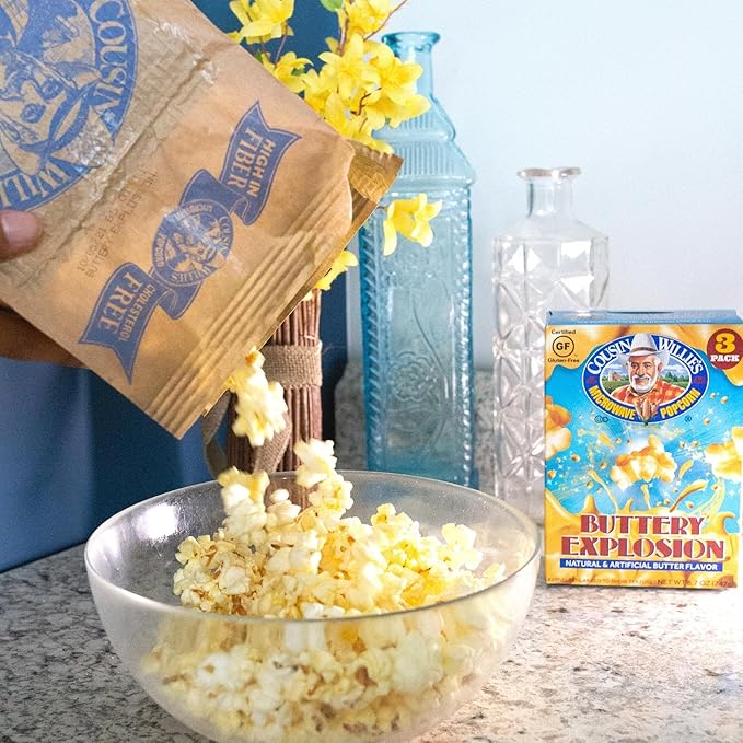 Cousin Willie's Microwave Popcorn Bags, Butter Lovers Value Pack (1 box, 20 Bags), Gourmet Popcorn Boxes for Party, Whole Grain Popcorn, Gluten Free, Low Calorie Healthy Snack, Made in USA, non-GMO