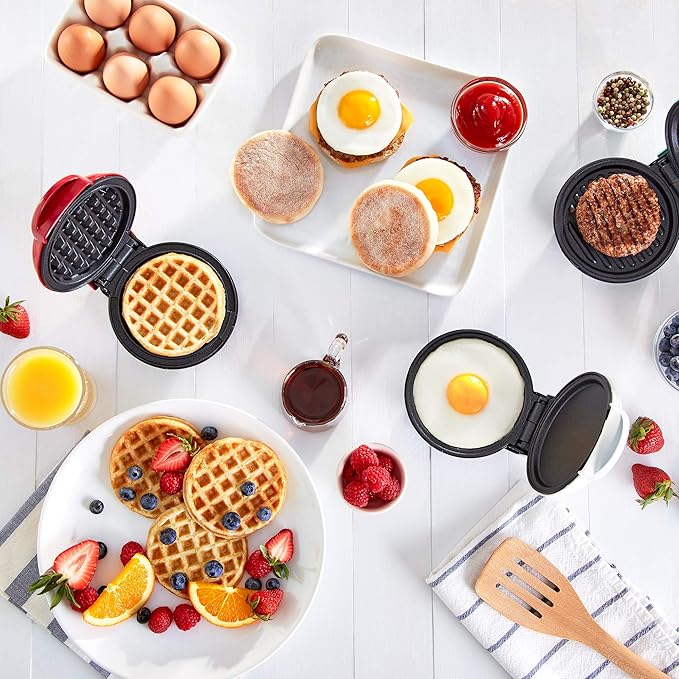 Dash Mini Maker Set - Customized Treat Maker - Supports Multi-Function Cooking - Easy Cleanup and User-Friendly Design - White, Aqua & Red - Waffle, Grill & Griddle Irons