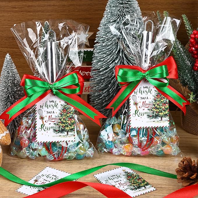 6 Set Christmas Whisk Gifts for Neighbor, Christmas Baking Supplies Include Silicone Whisks Greeting Card Ribbon and Plastic Bag Xmas Cooking Utensils for Neighbor Employee Stocking Stuffers Ideas