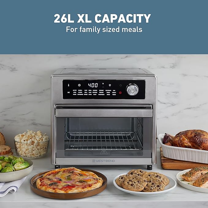 West Bend XL Air Fryer Oven 26-Quart with Digital Controls Easy-View Door and 24 Cooking Presets, Includes Nine Accessories, 1700-Watts, Metallic