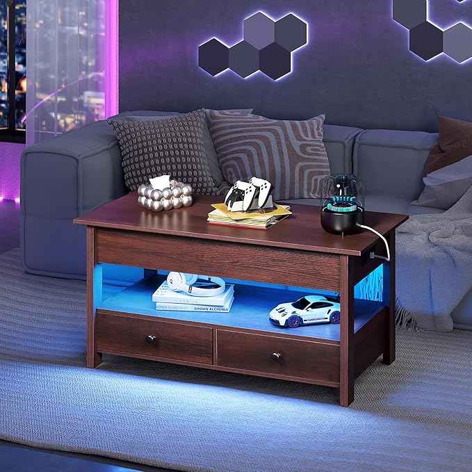 WLIVE Coffee Table, Lift Top Coffee Table with Drawers, LED Light, Large Storage and Open Shelf, Lift Tabletop for Living Room, Espresso