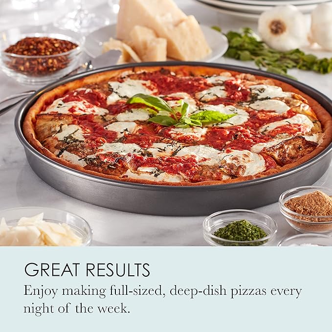 Chicago Metallic 14-Inch Deep Dish Pizza Pan, Nonstick Carbon Steel Bakeware for Chicago-Style Pizza, Cookie Cakes, Thick Crust Pizzas, and More