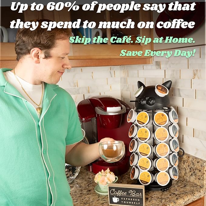 Made Easy Kit Carousel Coffee Pod Holder - Compatible with Keurig K-Pods K-Cups - Countertop 360 Spin Rack Storage Organizer - Revolving Base - Capsule Café Station Bar (Cat Black, Small)