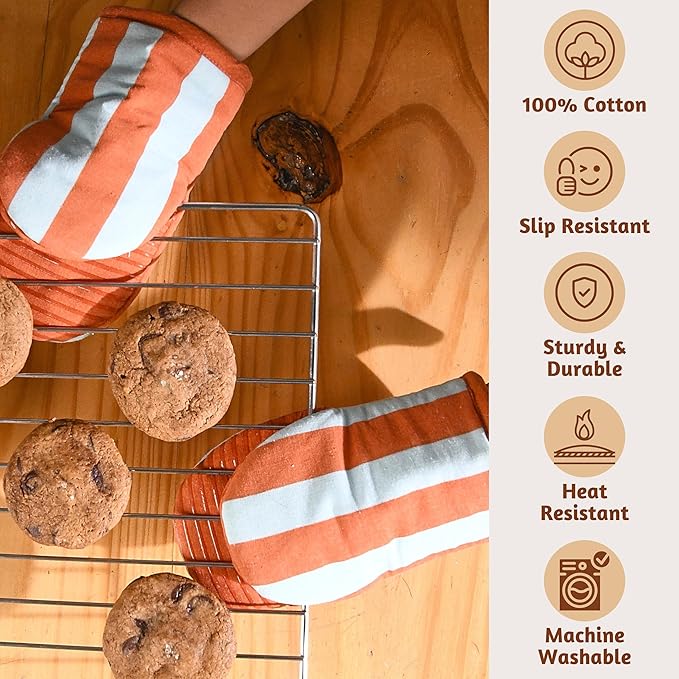 Folkulture Mini Oven Mitts | Heat Resistant 5.75"x9", Set of 2 Orange Oven Mittens for Fall Kitchen Decor | Short Oven Fall Gloves with Hanging Loop | Kitchen Mitten for Baking