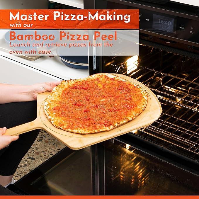Loftern Wooden Pizza Peel 14 Inch Board with Engraved Sizes - Multi-Purpose Bamboo Pizza Cutting Board, Wood Pizza Peel, Pizza Spatula Paddle, and Serving Board with Size and Cutting Guide