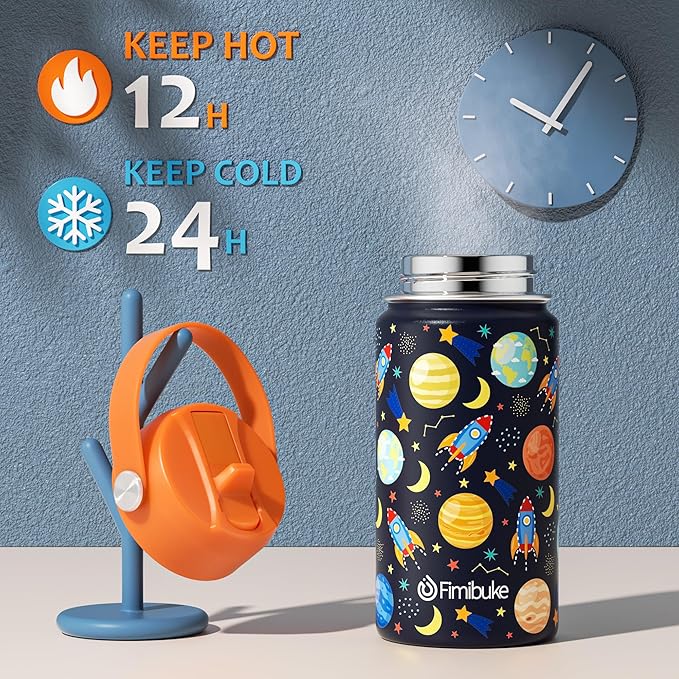 Fimibuke Kids Insulated Water Bottle, 14oz BPA FREE Double Wall Vacuum Tumbler 18/8 Stainless Steel Leak Proof Kids Cups with Straw Metal Water Bottle for School Boy Girl(2 Pack, SPACE/BLUE DINOSAUR)
