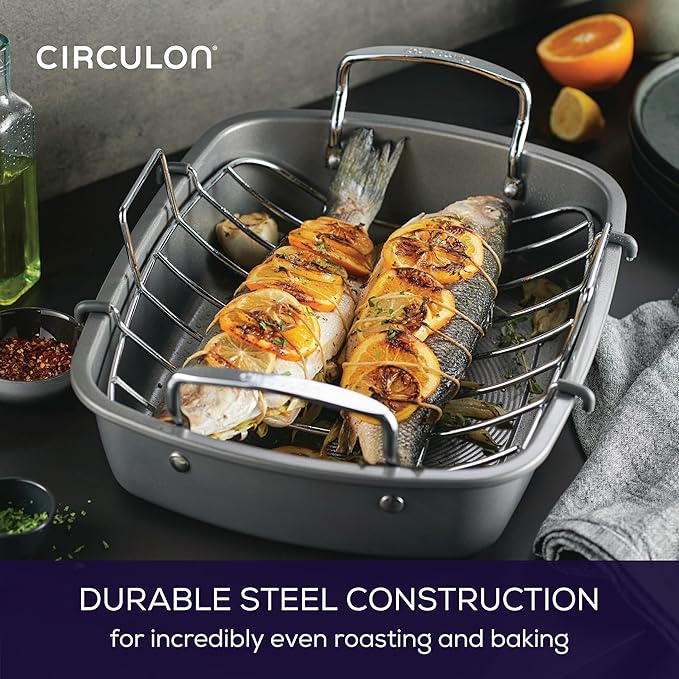 Circulon Nonstick Roasting Pan/Roaster with Rack - 17 Inch x 13 Inch,Gray,(Pack of 3)