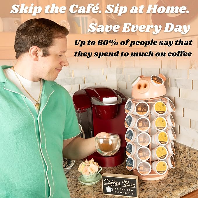 Made Easy Kit Carousel Coffee Pod Holder, Compatible with Keurig K-Pods K-Cups, Countertop Rack Storage Organizer, Metal Home and Kitchen Decor, Capsule Café Station Bar (Small, Pink Pig)