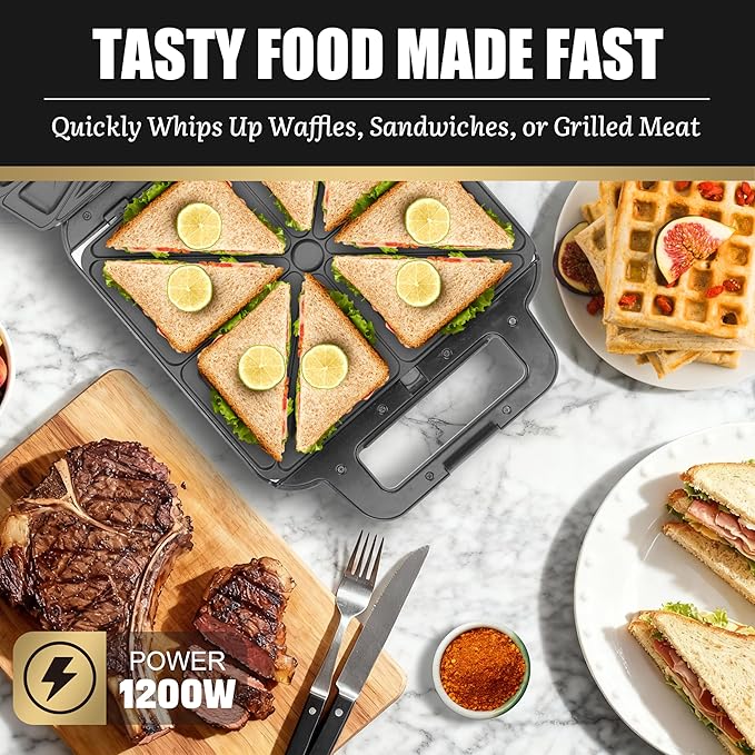 FineMade 3 in 1 Panini Grill Press with 3 Removable Plates, Breakfast Sandwich Maker, Electric Griddle Panini Press, Grilled Cheese Maker, Sandwichera Electrica, Belgian Waffle Maker
