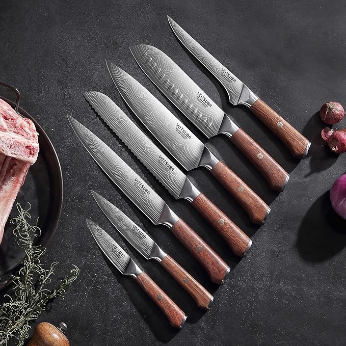 YOTSUBA 7PCS Japanese Kitchen Knife Set with Genuine Natural Rosewood Ergonomic Handle & Gift Box, Professional Ultra Sharp High Carbon Stainless Steel Knives for Cooking