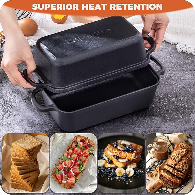 Cast Iron Loaf Pan with Lid 9×5 Inch, Bread Baking Pans, Even Heat Distribution for Sourdough, Pre-Seasoned Dutch Oven Loaf Pan for Homemade Bread