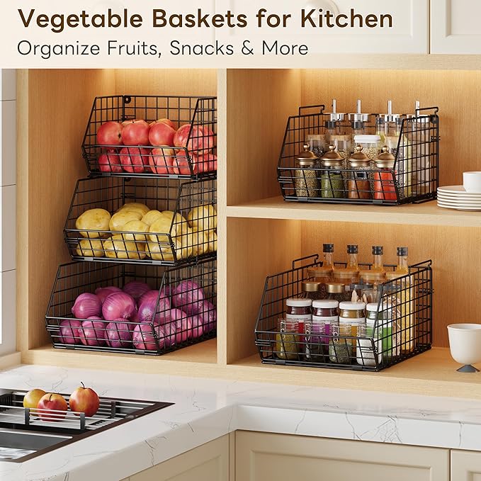 X-cosrack Stackable Wire Baskets for Counter, Fruit and Vegetable Storage, Potato and Onion Storage Bin，Kitchen Pantry Organizer - Wall Basket for Produce/Snack/Can, 3-tier Large, Black