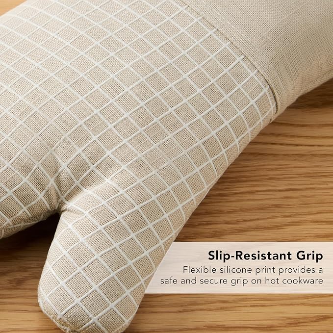 KITCHENAID Gourmet Series Gridlines Oven Mitts 2-Pack Set, Heat Resistant up to 600°F, Soft Silicone Grip, Magnetic Cuff, Milkshake Tan, 7"x14"