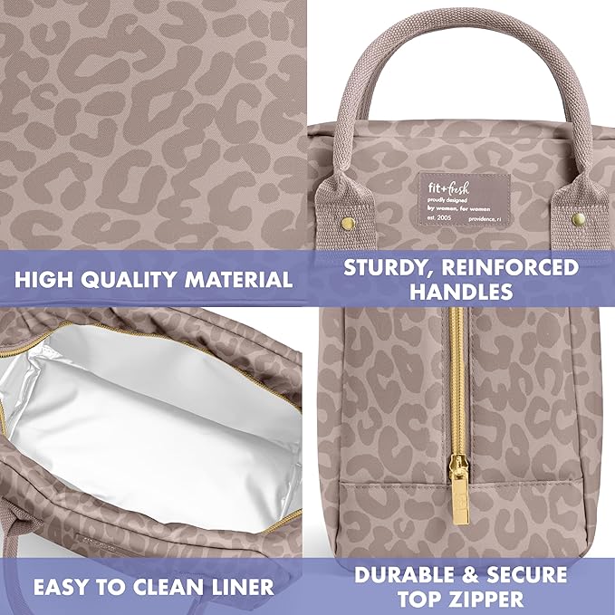 Fit & Fresh Bloomington Lunch Bag for Women - Insulated Large Lunch Box for Work with Containers, Leak-Resistant, Stain-Resistant, Zipper Closure, Mocha Feline Fine
