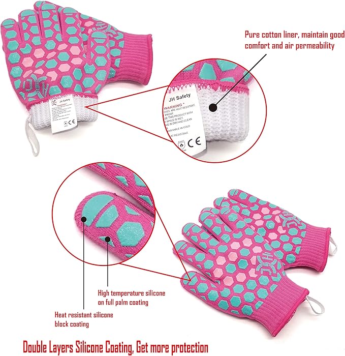J H Heat Resistant Oven Glove:EN407 Certified 932 °F, 2 Layers Silicone Coating, Oven Mitts for Cooking,Kitchen,Fireplace, Grilling,1Pair (Coral Shell with Turquoise/Pink, Women Fits All)