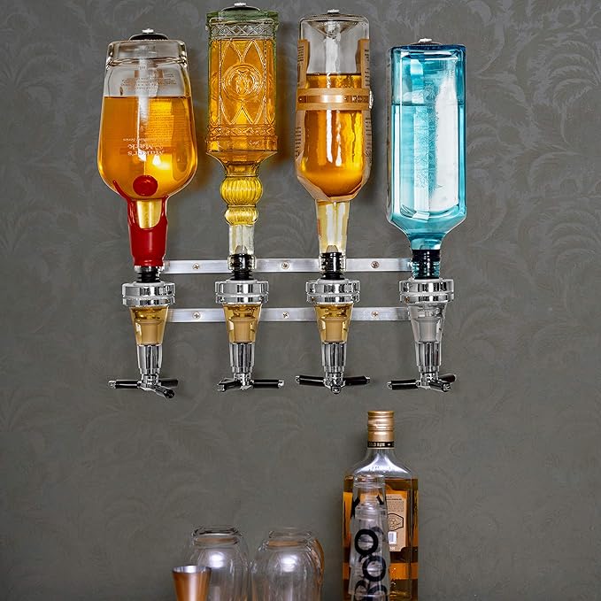 Liquor Dispenser - 4-Bottle Drinks, Alcohol Station - Wall-Mounted Cocktail Tap, Push-Release Valves, Rubber Suction Cups, Home Bar, Man Cave, Bartender Accessories