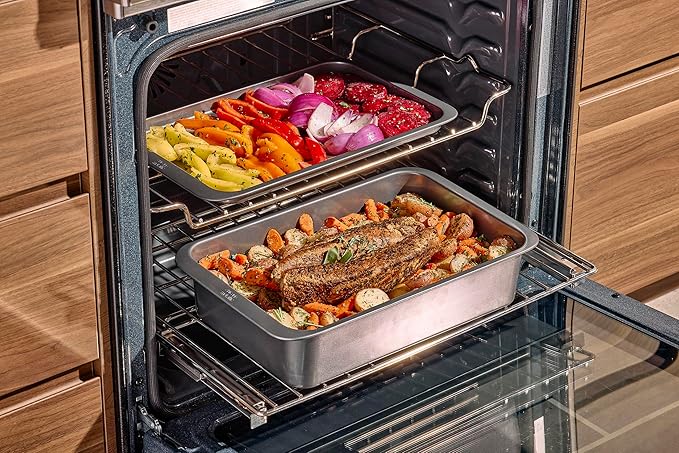 Chicago Metallic 7-Piece Nesting Bakeware Set - Carbon Steel Nonstick Baking Sheet, Loaf Pan, Muffin Pan, Cake Pan, Roaster and Cooling Rack - Space-Saving Kitchen Essentials